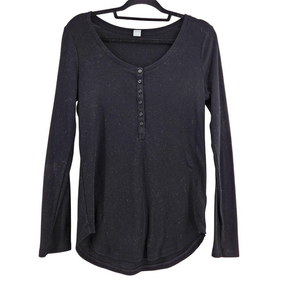 Y2K Black Ribbed Long Sleeve Henley Shirt Womens Size L Bella‎ Elena